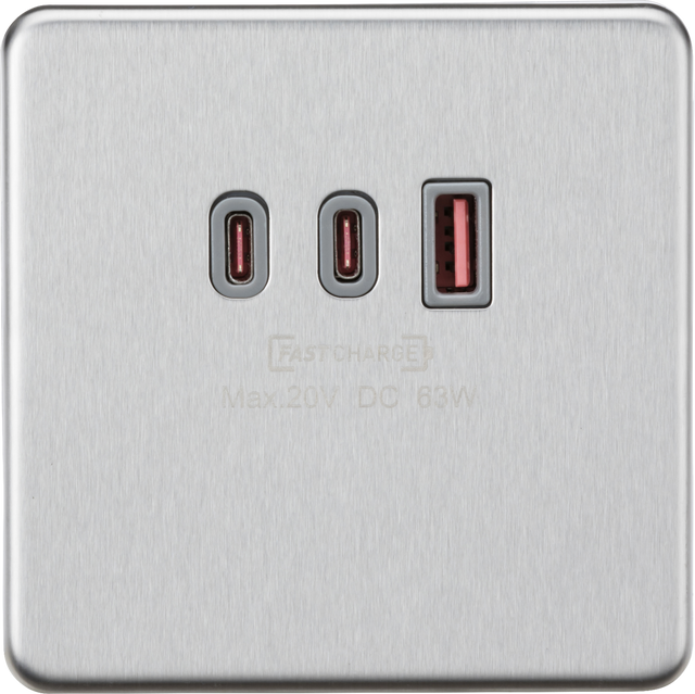 230V Triple USB Charger Plate - Brushed Chrome with Grey Insert