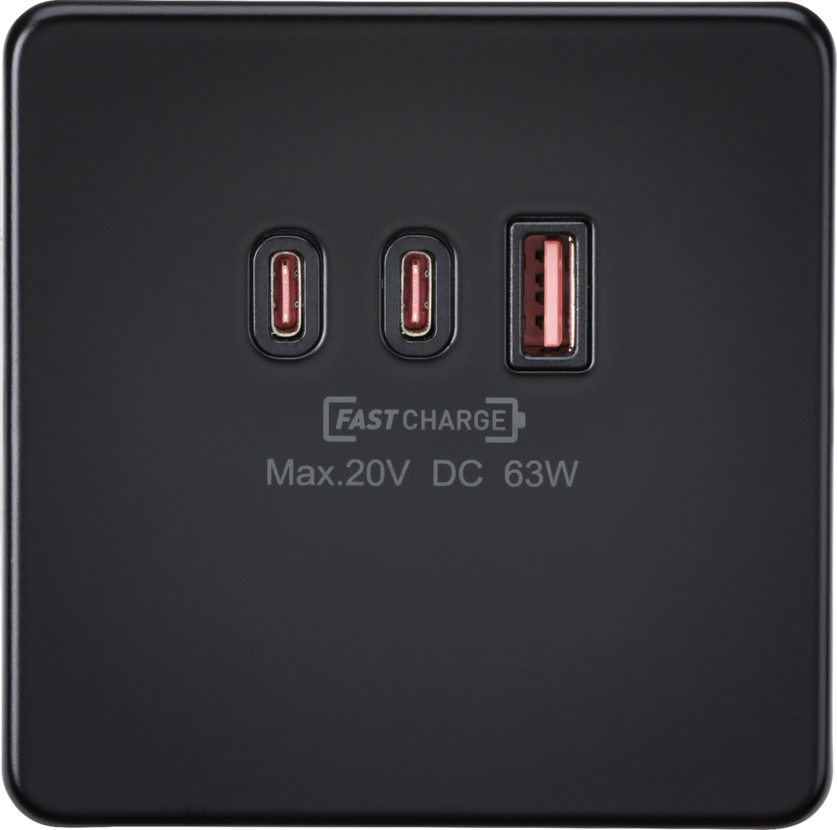 230V Triple USB Charger Plate 2xUSB-C 1xUSB-A - Matt Black