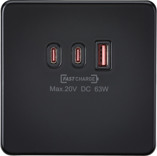 230V Triple USB Charger Plate 2xUSB-C 1xUSB-A - Matt Black