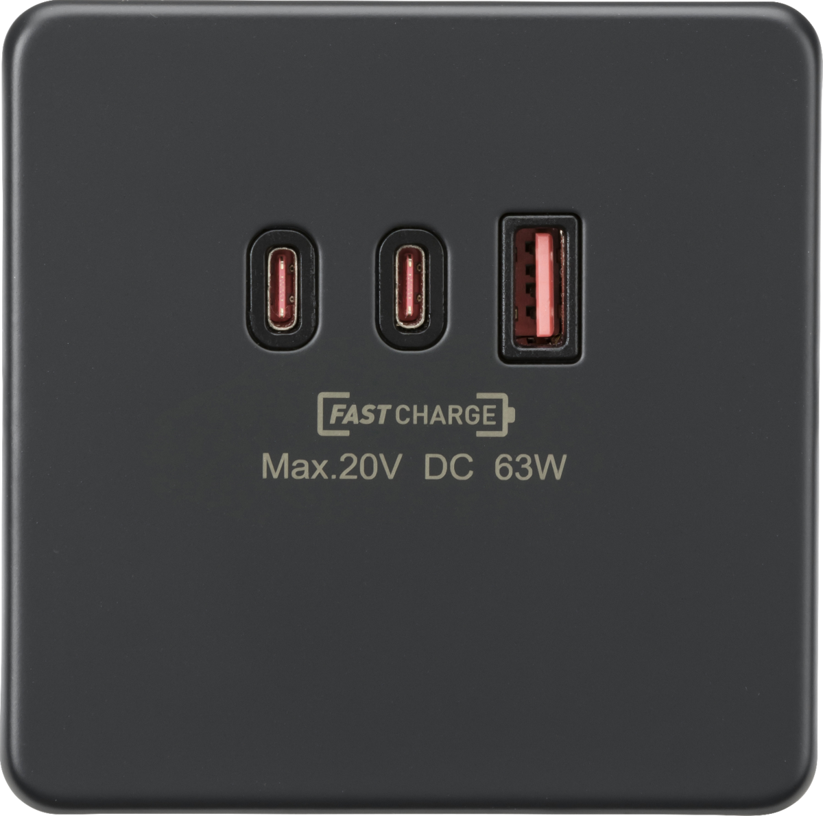 230V Triple USB Charger Plate 2xUSB-C 1xUSB-A - Anthracite