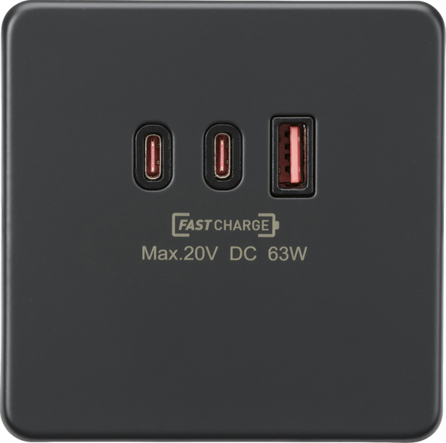 230V Triple USB Charger Plate 2xUSB-C 1xUSB-A - Anthracite