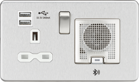 13A Socket Bluetooth Speaker and Dual USB A+A - Brushed Chrome with White Insert