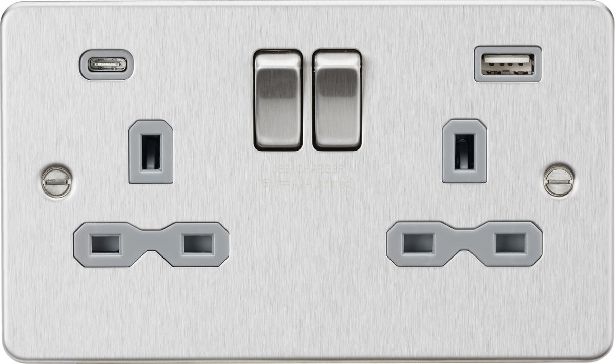 13A 2G SP Switched Socket with Dual USB A+C - Brushed Chrome with Grey Insert