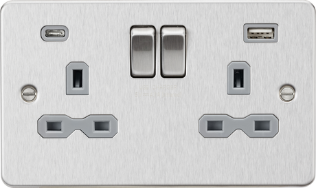 13A 2G SP Switched Socket with Dual USB A+C - Brushed Chrome with Grey Insert