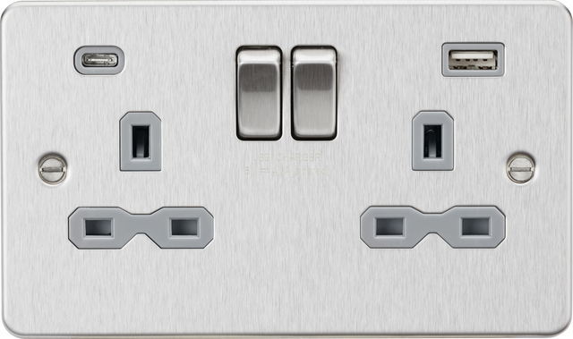 13A 2G SP Switched Socket with Dual USB A+C - Brushed Chrome with Grey Insert