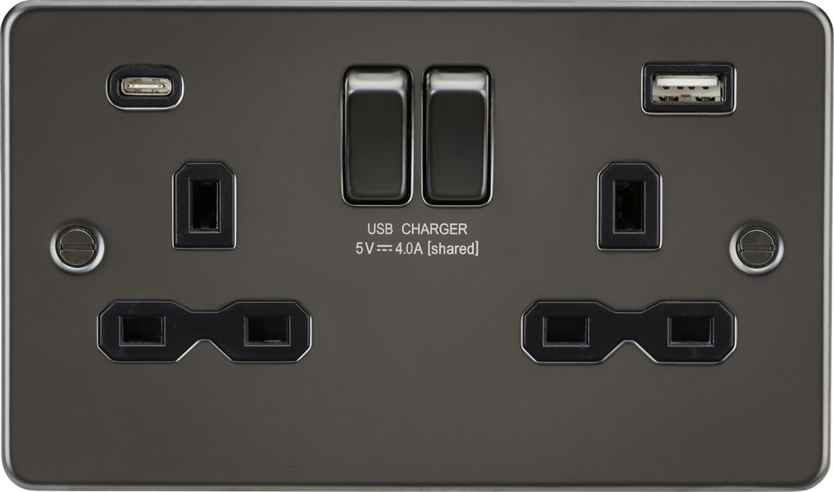 13A 2G SP Switched Socket with Dual USB A+C - Gunmetal with Black Insert