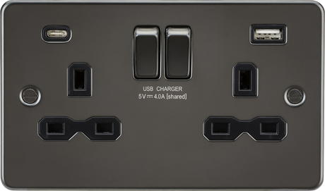 13A 2G SP Switched Socket with Dual USB A+C - Gunmetal with Black Insert