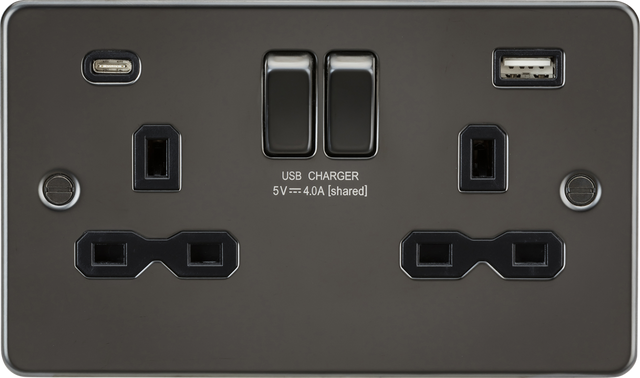 13A 2G SP Switched Socket with Dual USB A+C - Gunmetal with Black Insert