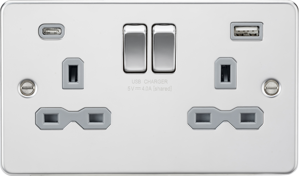 13A 2G SP Switched Socket with Dual USB A+C - Polished Chrome with Grey Insert