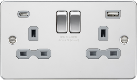13A 2G SP Switched Socket with Dual USB A+C - Polished Chrome with Grey Insert