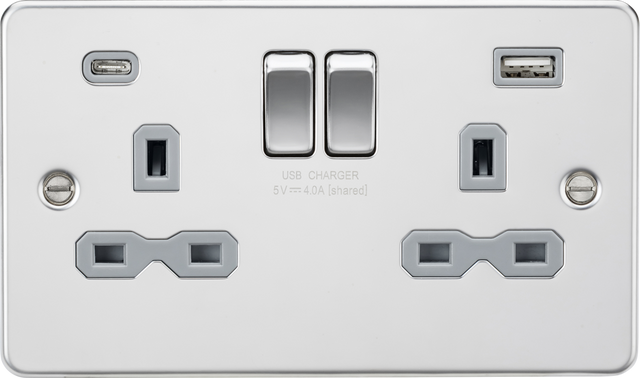 13A 2G SP Switched Socket with Dual USB A+C - Polished Chrome with Grey Insert