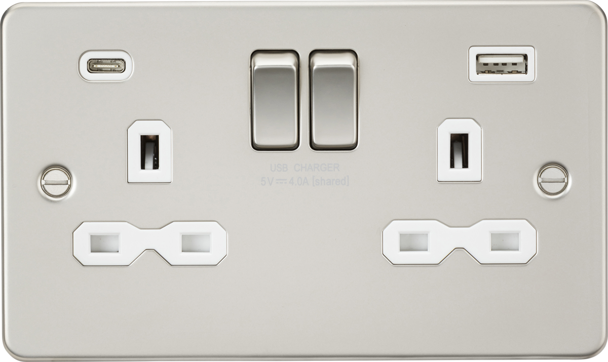 13A 2G SP Switched Socket with Dual USB A+C - Pearl with White Insert