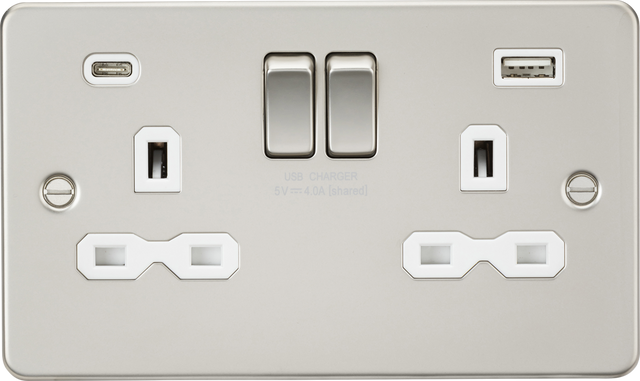 13A 2G SP Switched Socket with Dual USB A+C - Pearl with White Insert