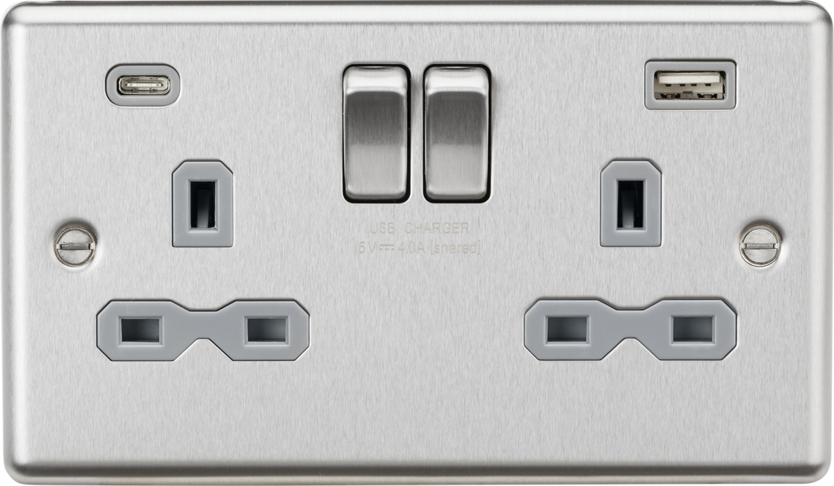 13A 2G SP Switched Socket with Dual USB C+A - Brushed Chrome