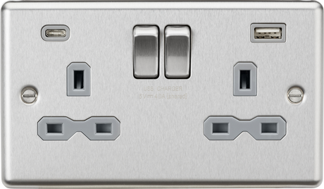 13A 2G SP Switched Socket with Dual USB C+A - Brushed Chrome