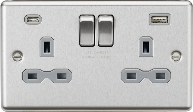 13A 2G SP Switched Socket with Dual USB C+A - Brushed Chrome