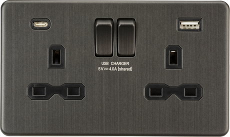13A 2G SP Switched Socket with Dual USB A+C - Smoked Bronze