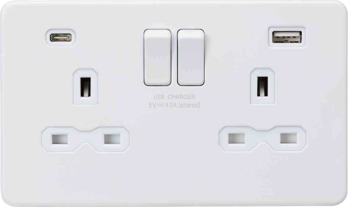 13A 2G SP Switched Socket with Dual USB A+C - Matt White