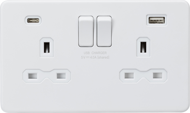 13A 2G SP Switched Socket with Dual USB A+C - Matt White