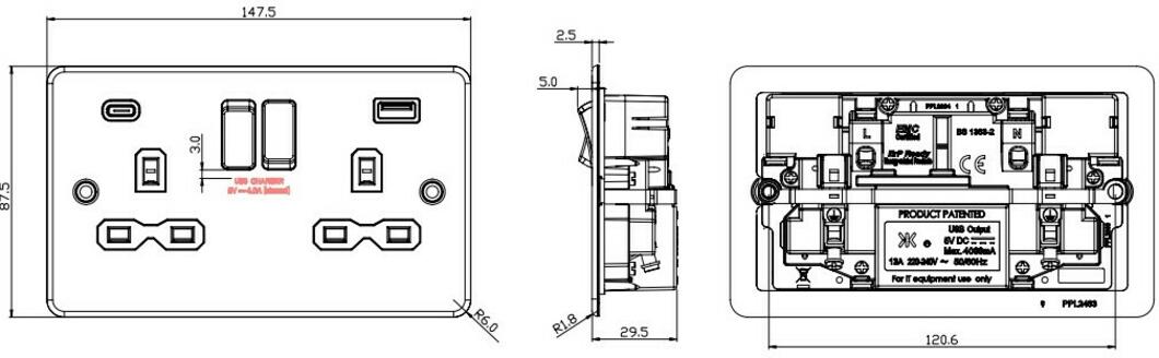 Brushed Chrome 13A 2G Switched Socket with Dual USB