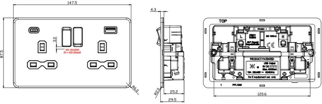 Alternate image of 13A 2G SP Switched Socket with Dual USB A+C - Matt White