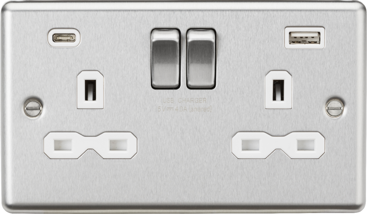Brushed Chrome 13A 2G Switched Socket with Dual USB - White Insert
