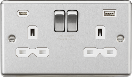 Brushed Chrome 13A 2G Switched Socket with Dual USB - White Insert