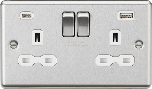 Brushed Chrome 13A 2G Switched Socket with Dual USB - White Insert