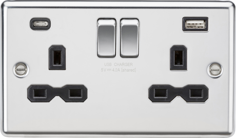 ML Accessories 13A 2G SP Switched Socket with Dual USB C+A, Polished Chrome with Black Insert