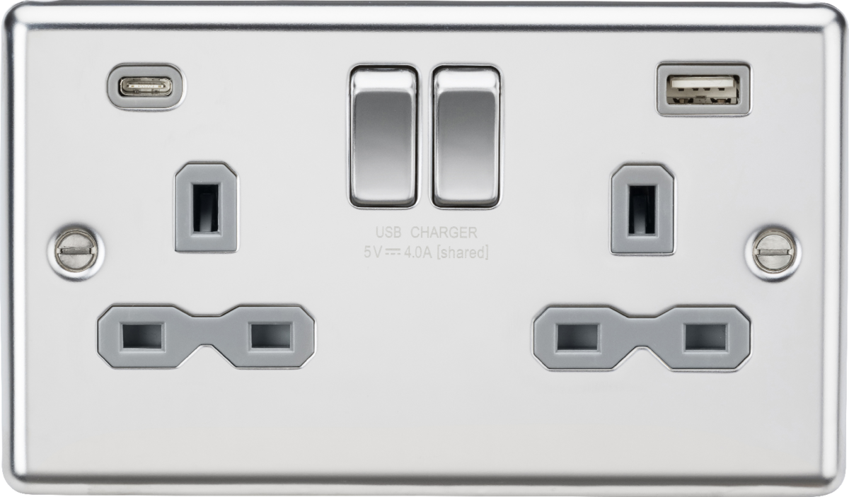 ML Accessories 13A 2G SP Switched Socket with Dual USB C+A in Polished Chrome