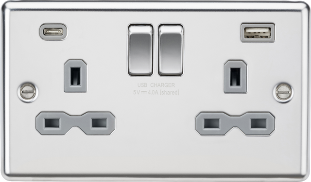 ML Accessories 13A 2G SP Switched Socket with Dual USB C+A in Polished Chrome