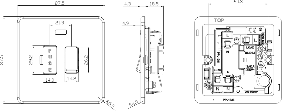 Screwless design of 13A Switched Fused Spur Unit - Polished Brass
