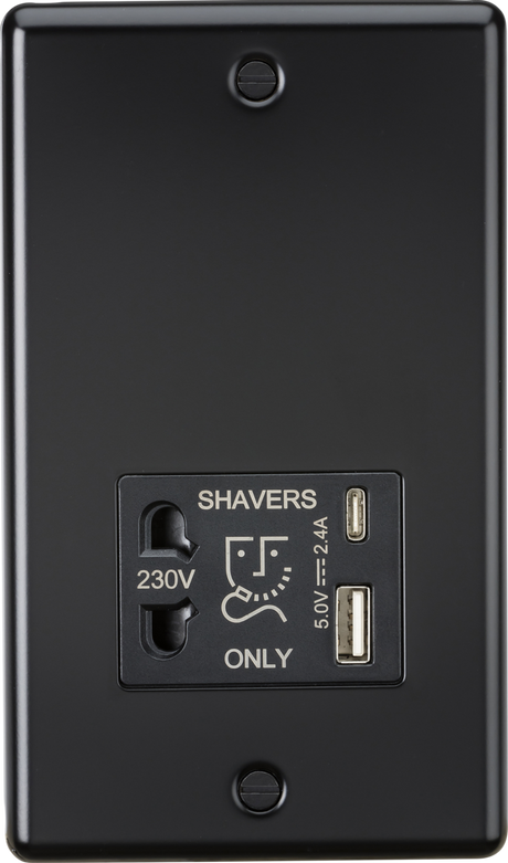 230V Shaver Socket with Dual USB A+C - Matt Black