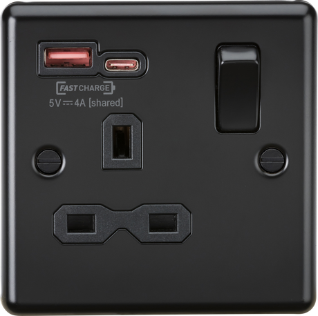 13A 1G SP Switched Socket with Dual USB A+C - Matt Black
