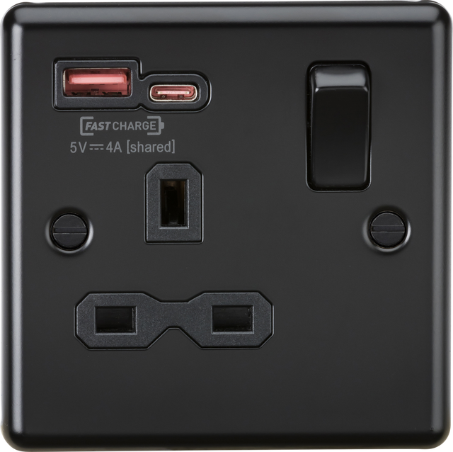 13A 1G SP Switched Socket with Dual USB A+C - Matt Black