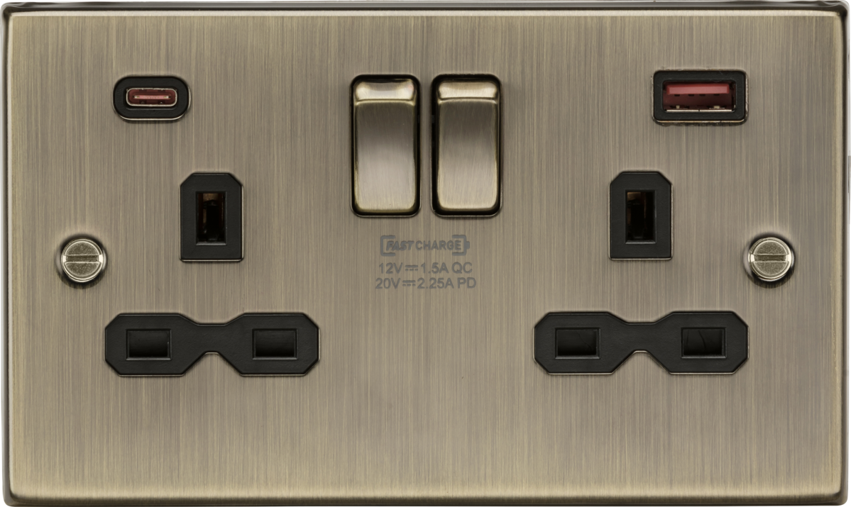 13A 2G DP Switched Socket with Dual USB A+C - Antique Brass