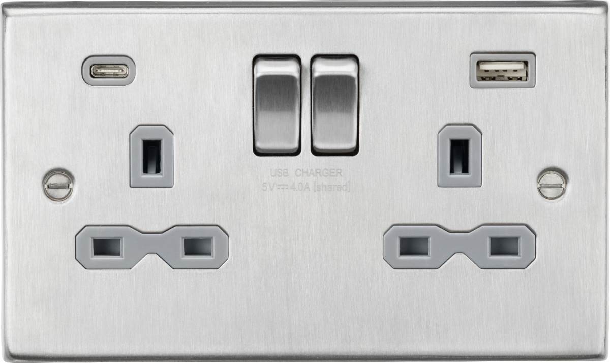 Brushed Chrome 13A 2G Switched Socket with Dual USB A+C