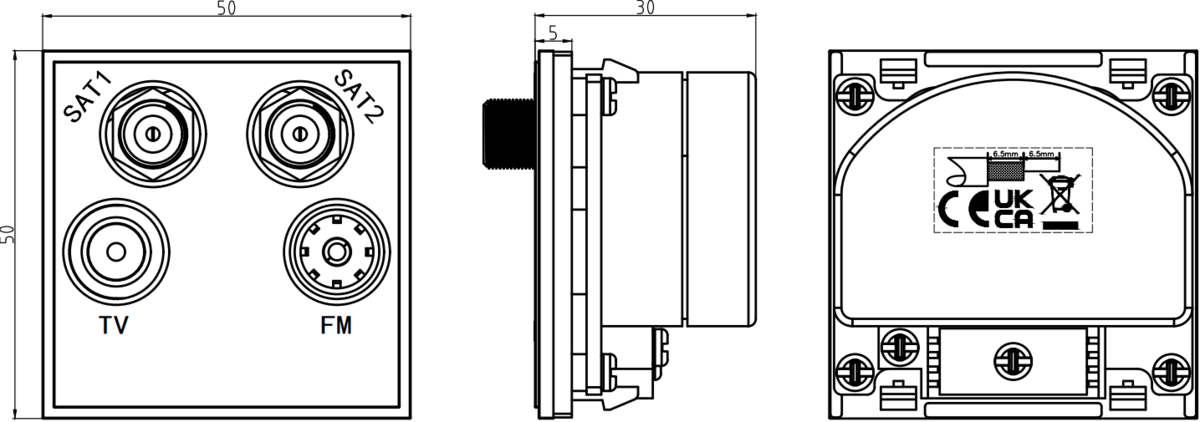 Quadplexed Outlet Module 50 x 50mm - White with connections