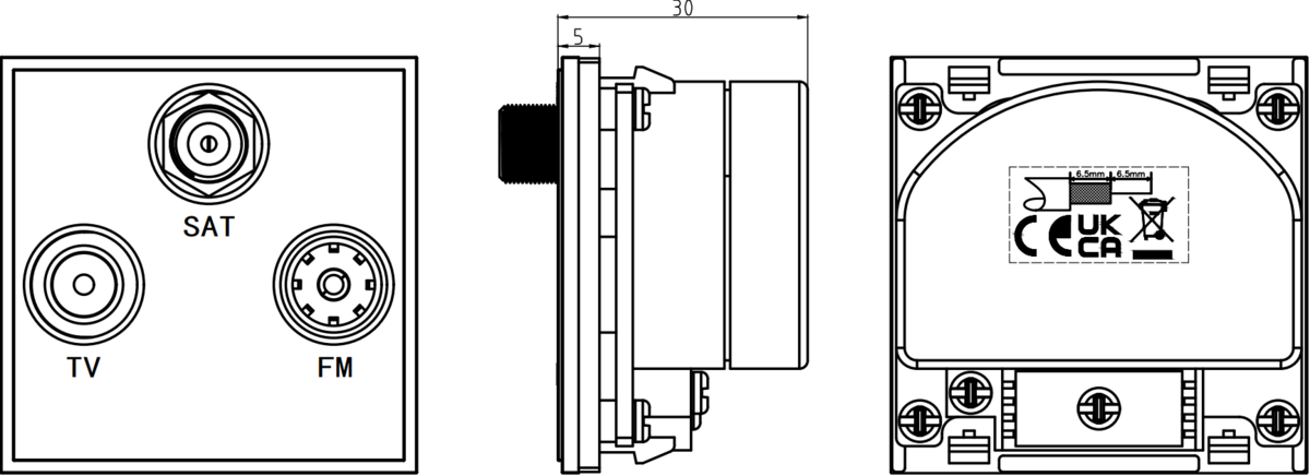 Triplexed TV/FM DAB/SAT Outlet Module - Alternate View