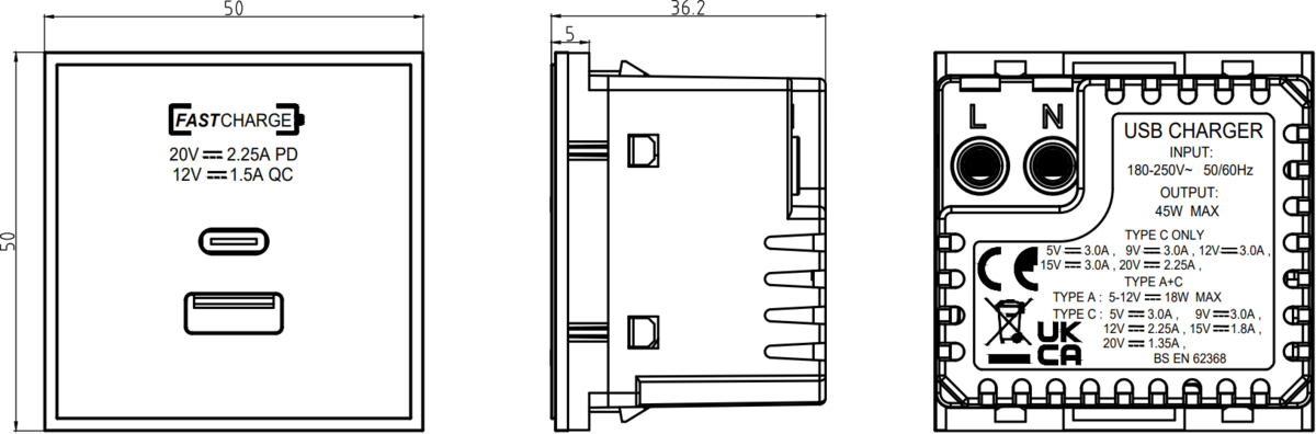 Dual USB A+C Charger Module - Side View