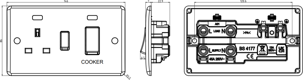 Knightsbridge 45A DP Switch Side View - White