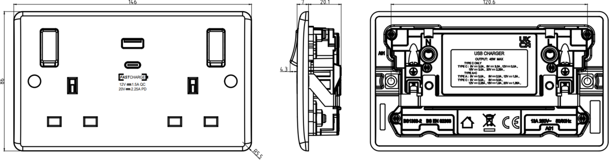 ML Accessories 13A 2G Switched Socket with Dual USB A+C Close-up