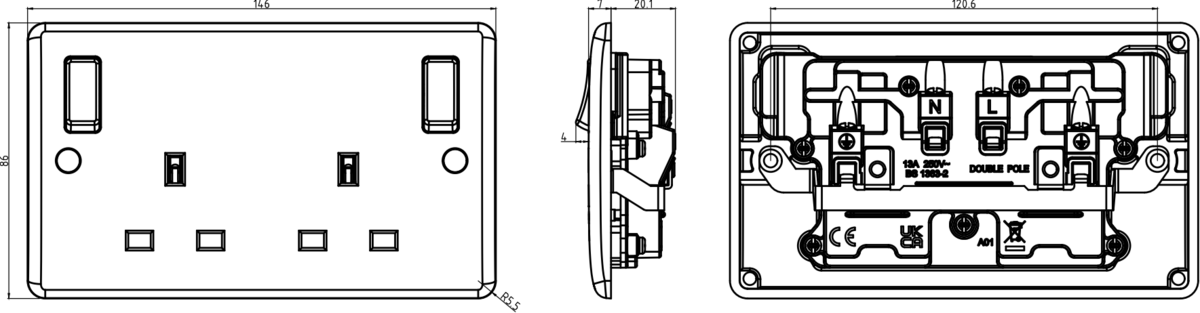 Curved Edge Design - 13A 2G DP Switched Socket