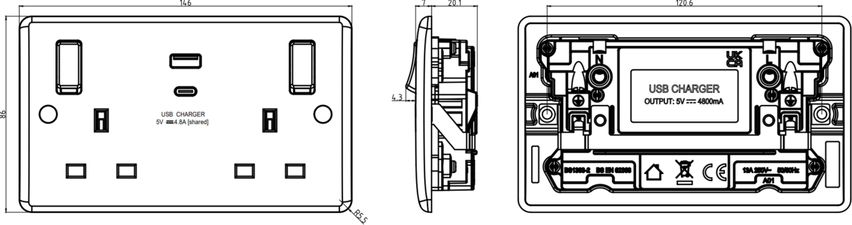 Curved Edge 13A Switched Socket with Dual USB