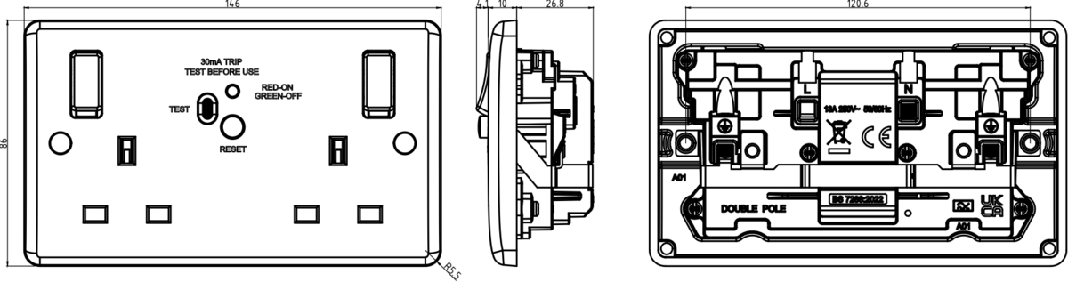 13A 2G DP RCD Switched Socket - Side View