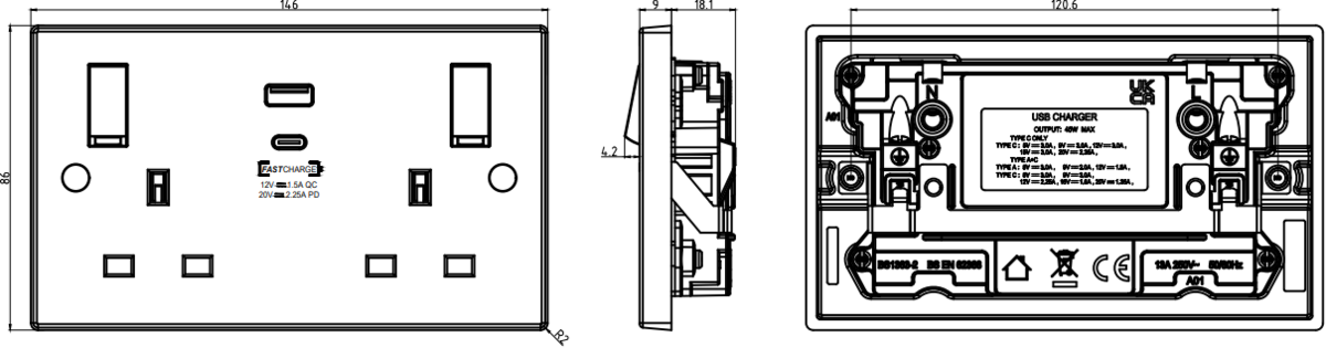 Additional view of 13A 2G SP Switched Socket with Dual USB A+C