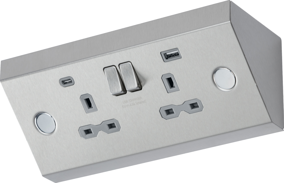 Under Cabinet 13A 2G Socket with Dual USB A+C - Stainless Steel