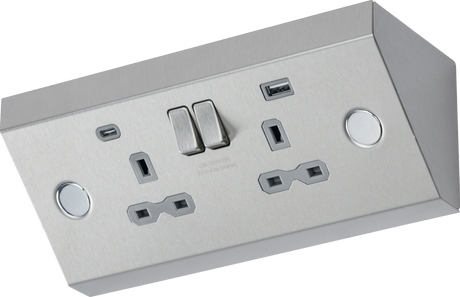 Under Cabinet 13A 2G Socket with Dual USB A+C - Stainless Steel