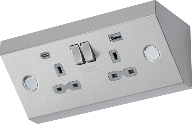 Under Cabinet 13A 2G Socket with Dual USB A+C - Stainless Steel