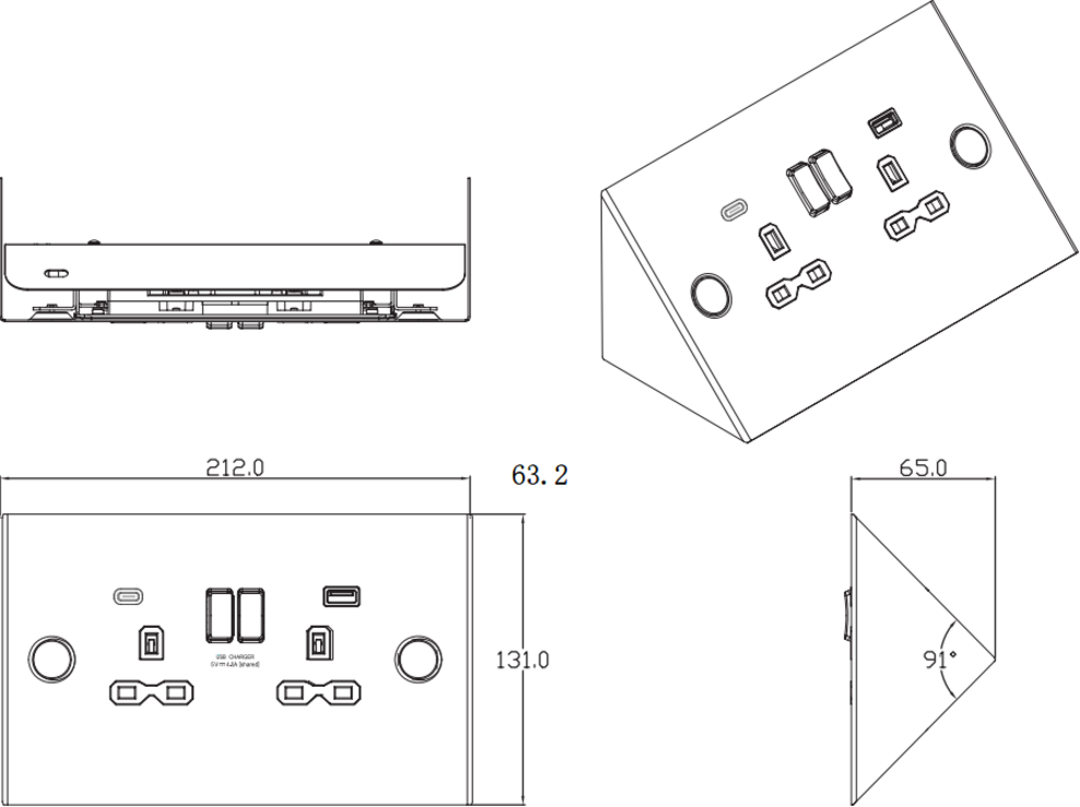 Alternative view of Under Cabinet 13A Socket with Dual USB A+C